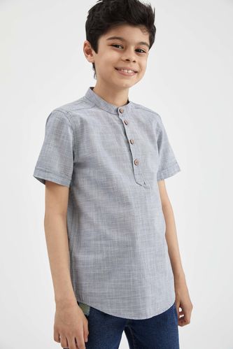 Erkek Çocuk Hakim Yaka Keten Görünümlü Kısa Kol Gömlek