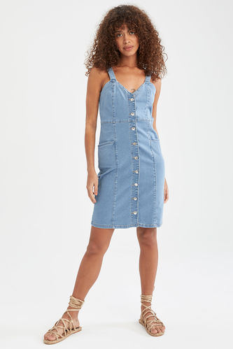 Slim Fit V Yaka Mini Jean Elbise