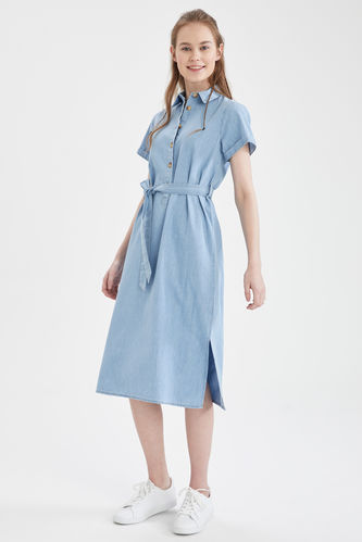 Kemer Detaylı Slim Fit Yazlık Midi Jean %100 Pamuk Elbise