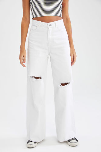 90's Geniş Paça Yıkamalı Yüksek Bel Beyaz Jean Pantolon