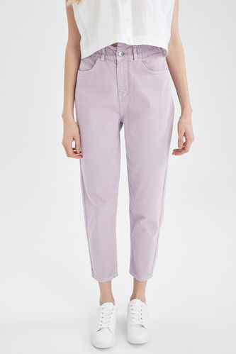Pantalon en jean lilas taille haute lavé avec sac de papier