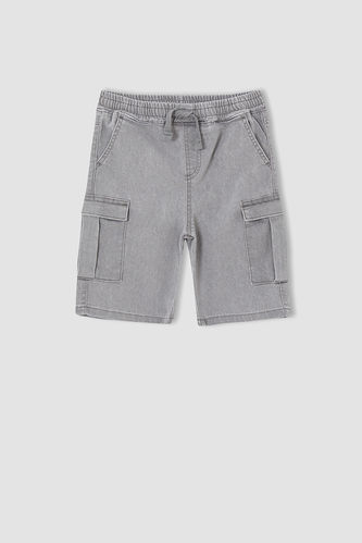 Boy Basic Drawstring Denim Bermuda Shorts With Pockets