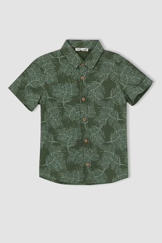 Boy Short-Sleeved Regular Fit Polo Neck Leaf Print Shirt