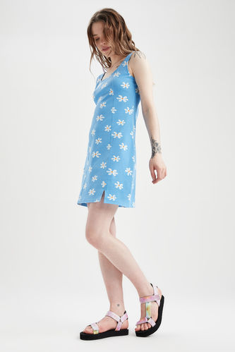 Coool Bodycon Kare Yaka Çiçek Desenli Yazlık Mini Elbise