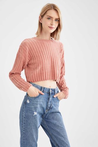 Velvet Ribben Cropped Long Sleeve Sweater