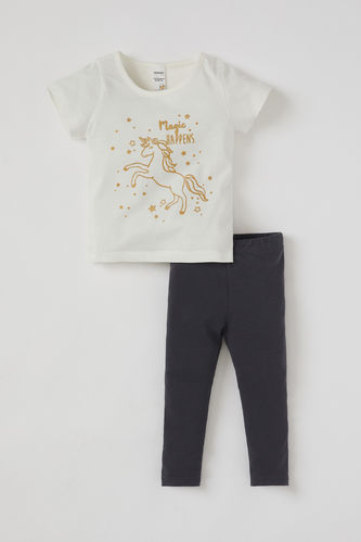 Ensemble t-shirt et collants imprimé licorne bébé fille