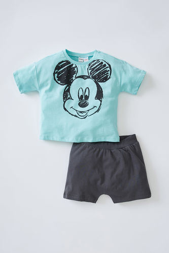 Erkek Bebek Mickey Mouse Pamuklu Kısa Kollu Tişört ve Şort Takım
