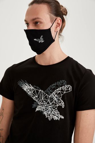 Short-Sleeved Slim Fit Crew Neck Eagle Print T-Shirt And Matching Mask