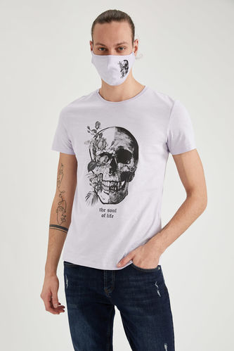 Short-Sleeved Slim Fit Crew Neck Skull Print T-Shirt And Matching Mask