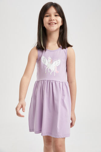 Kız Çocuk Unicorn Baskılı Kolsuz Elbise