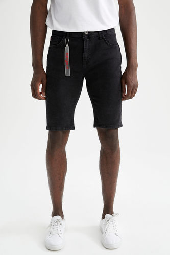 Skinny Fit Denim Bermuda Shorts With Keychain Detail