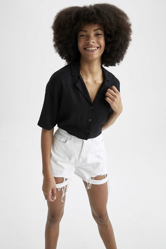 Relaxed Fit Linen Short Sleeve Shirt With Collar
