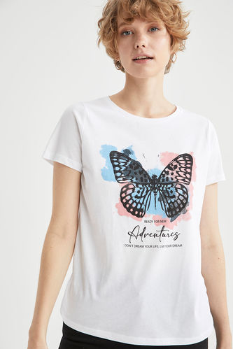 Cotton Relax Fit Short Sleeve T-shirt with Butterfly Print