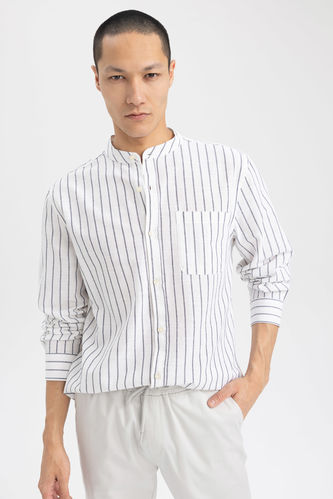 Modern Fit Straight Collar Line Pattern Long Sleeve Shirt