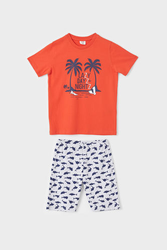 Erkek Çocuk Balık Desenli Baskılı Kısa Kollu Pijama Takımı