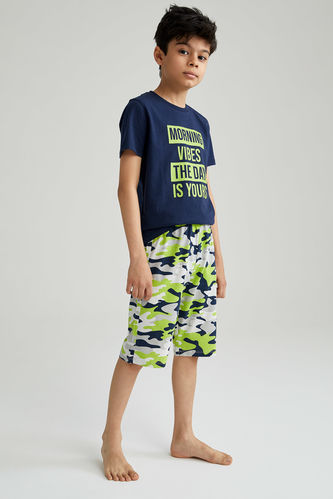 Boy Text Print Short Sleeve Crew Neck T-Shirt And Camouflage Shorts Pyjama Set