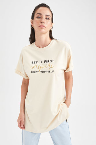 Regular Fit Slogan Baskılı Kısa Kollu Tişört Tunik