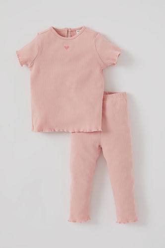Kız Bebek Kalp Nakışlı Fitilli Pijama Takımı