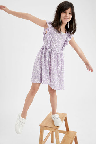 Girl Ruffle Cap-Sleeved Frill Above-Knee Floral Dress