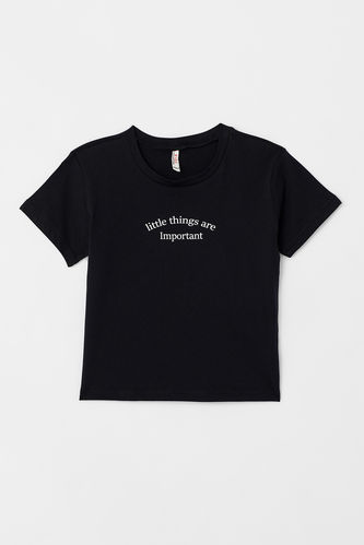 Kız Çocuk Slogan Baskılı Kısa Kollu Tişört