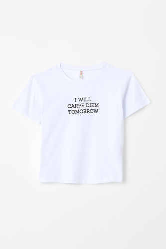 Kız Çocuk Slogan Baskılı Kısa Kollu Tişört