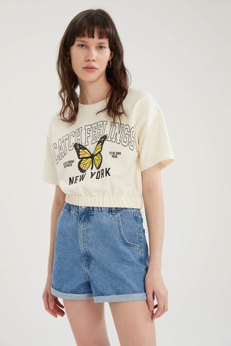 Kelebek Baskılı Beli Lastikli Crop Tişört