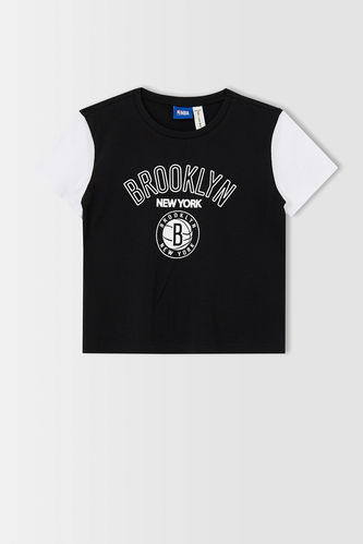 Girl Short Sleeve Colour Block NBA Brooklyn Nets Printed T-Shirt