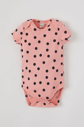 Baby Girl Polka Dot Patterned Short Sleeve Snap Fastener Cotton Body