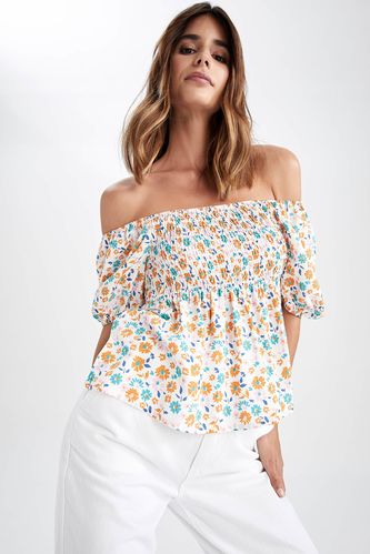 Fitted Square Neck Floral Short Sleeve Blouse