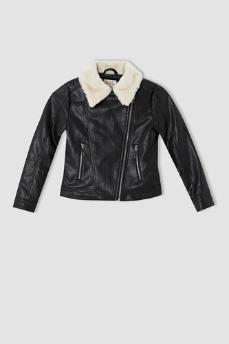 Girl Faux Leather Jacket with Faux Fur Neck Detail