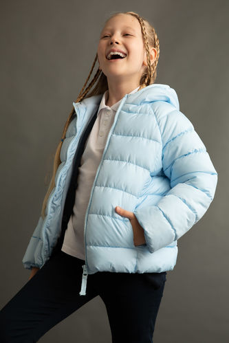 Kız Çocuk Kapüşonlu Astar Polarlı Şişme Mont