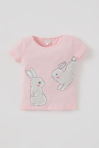 Kız Bebek Sevimli Tavşan Baskılı Kısa Kol Pamuklu Tişört