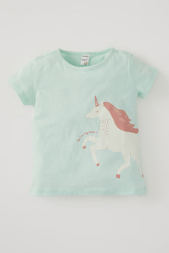 Kız Bebek Unicorn Baskılı Kısa Kollu Pamuklu Tişört