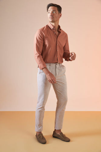 Tailored Fit Basic Keten Karışımlı Chino Pantolon