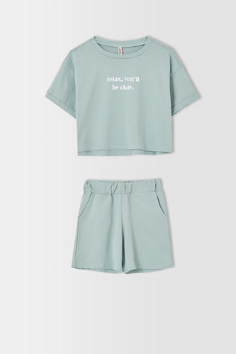 Girl Text Print Short Sleeve Crop Top And Shorts Set