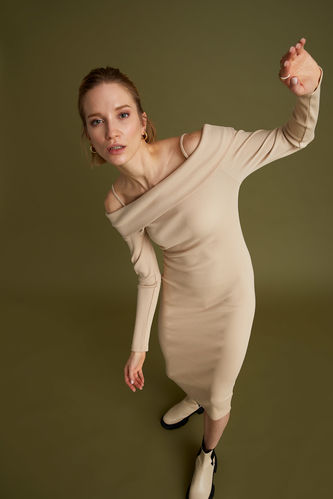 Carmen Yaka İp Askılı Uzun Kollu Pamuklu Midi Elbise