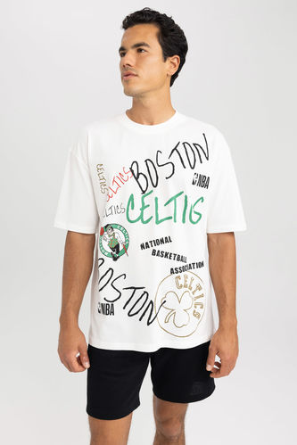Oversize Fit NBA Lisanslı Boston Celtics Baskılı Bisiklet Yaka Kısa Kollu Pamuklu Penye Tişört