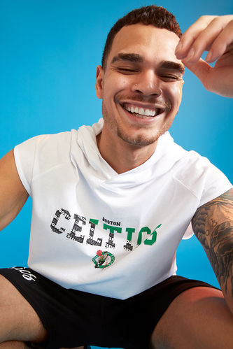 NBA Lisanslı Boston Celtics Baskılı Oversize Fit Kapüşonlu Kolsuz Pamuklu Penye Tişört