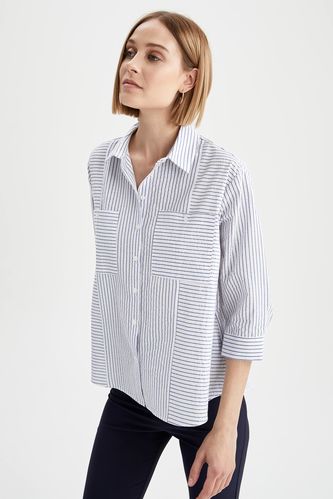 Çizgili Cep Detaylı Oversize Fit Yarım Kollu Gömlek Tunik