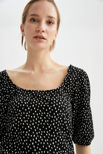 Patterned Balloon Sleeve Square Neck Blouse