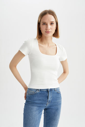 Slim Fit Short Sleeve Square Neck T-Shirt