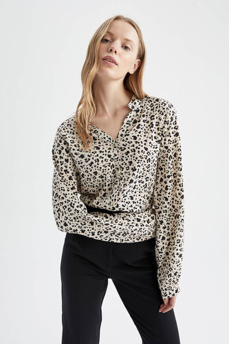 Regular Fit V Neck Leopard Patterned Long Sleeve Blouse