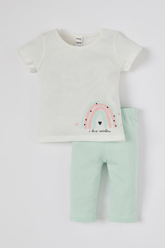 Baby Girl Rainbow Printed Cotton Short Sleeve T-Shirt And Tights Set