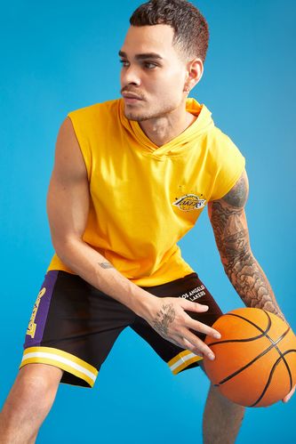 NBA Lisanslı Los Angeles Lakers Sırt Baskılı Oversize Fit Kapüşonlu Pamuklu Penye Tişört
