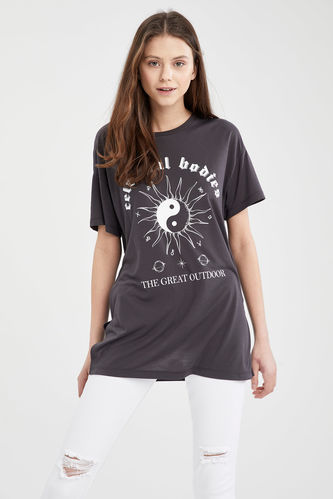 T-shirt à manches courtes en coton oversize imprimé à slogan