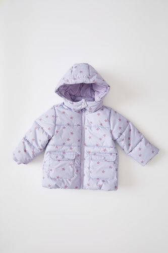 Baby Girl Patterned Hooded Combed Cotton Lined Inflatable Coat