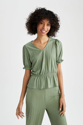 Regular Fit V Neck Pleated Waist and Sleeve Detailed Blouse