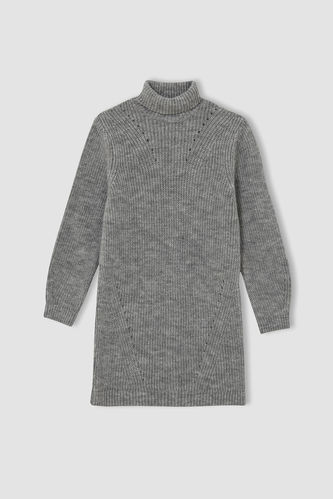 Girl Long Sleeve Rib Knit Turtleneck Knit Sweater Dress