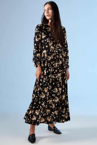 Black WOMAN Floral Patterned Long Sleeve Dress 2020004 | DeFacto