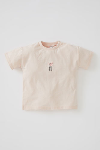 Kız Bebek Çiçek Baskılı Kısa Kollu Pamuklu Tişört